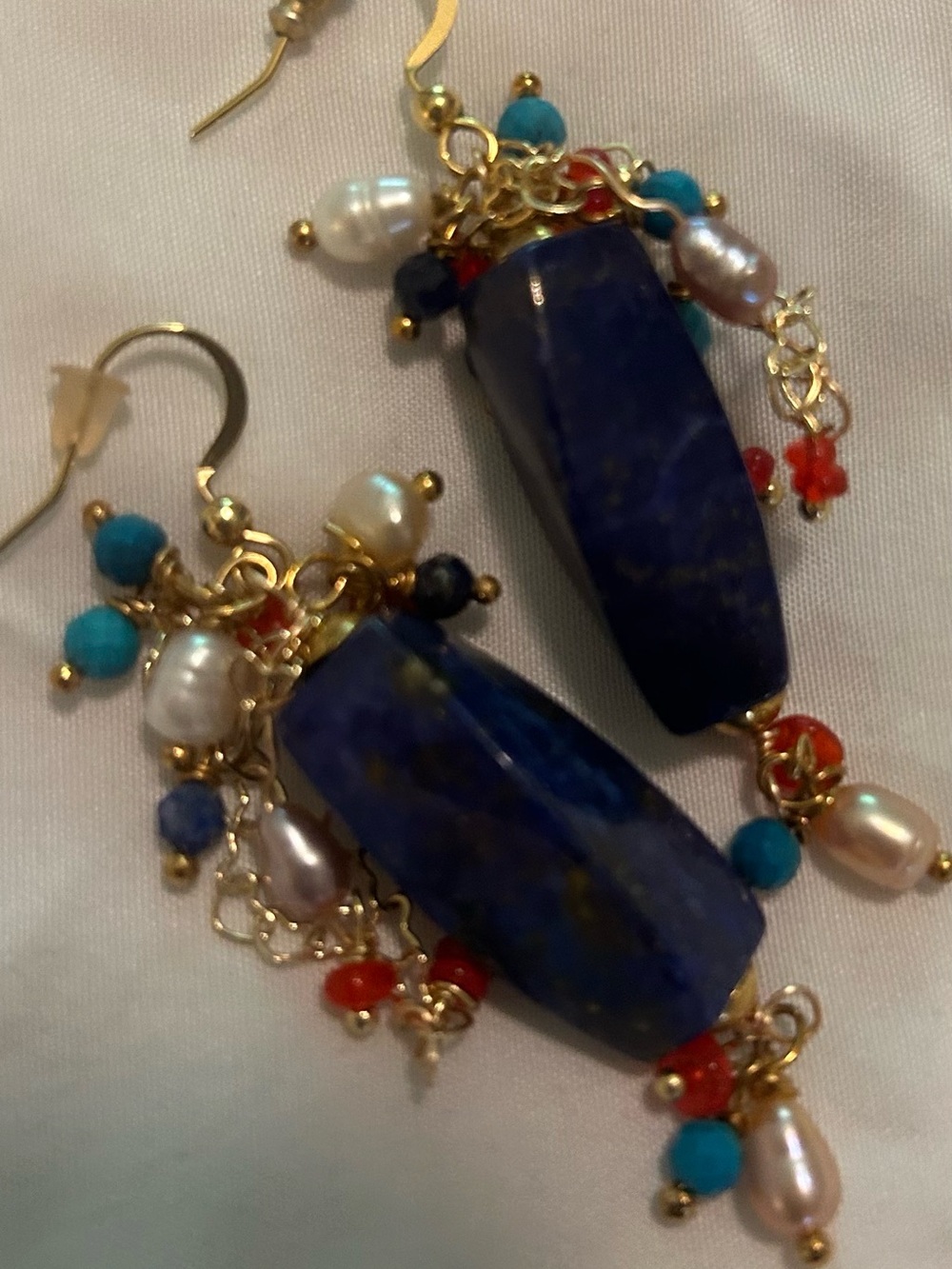 Gold Lapis & Pearl Dangle Earrings with Turquoise and Coral Accents